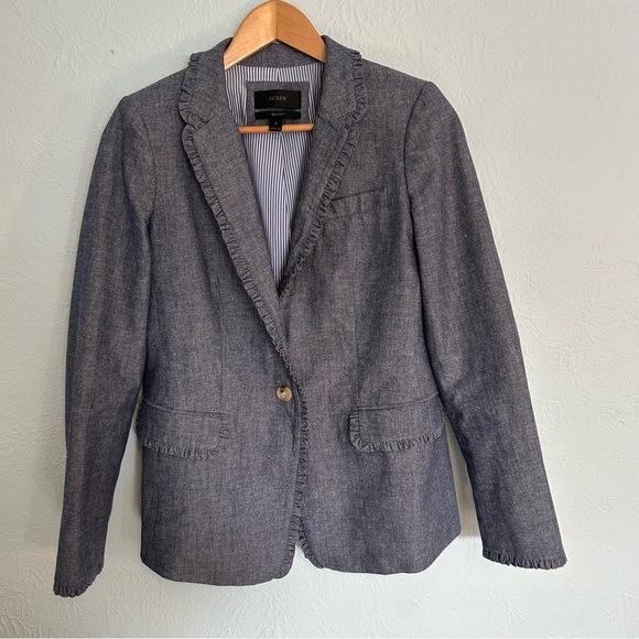 JCrew Regent Ruffle Chambray Denim Blazer Women's Size 6 - Picture 1 of 10